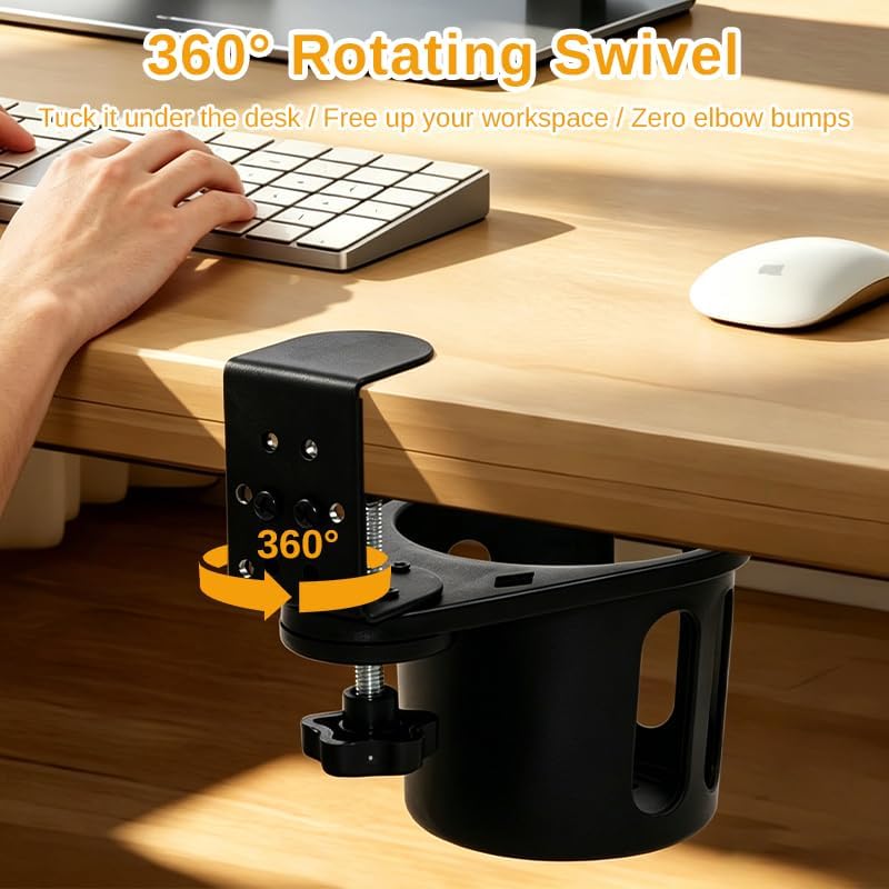 Desk Cup Holder, Clip-On Clamp for Gaming Desks, 360° Swivel Headphone Hook - Image 5