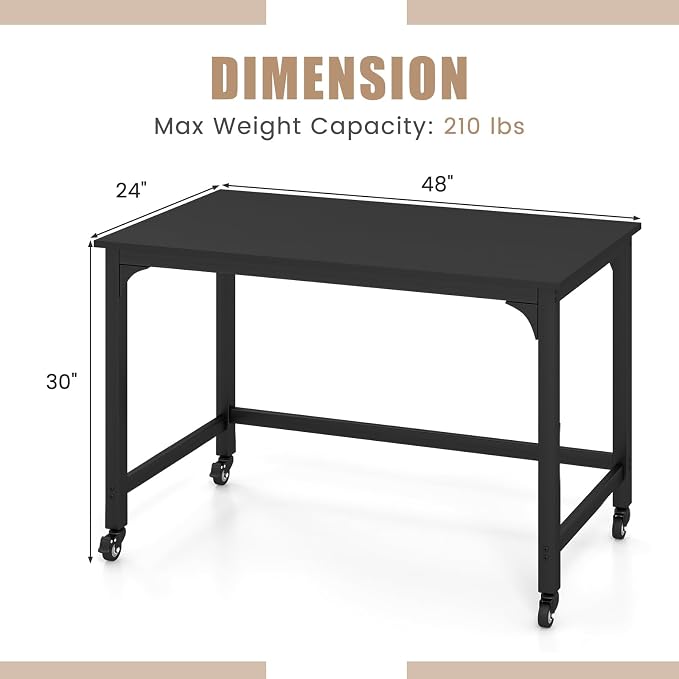 COSTWAY 48” Mobile Computer Desk, Home Office Desk on Wheels, Simple Study Writing Table with 4 Lockable Wheels, Metal Frame, Rolling Laptop PC Table for Small Space (Black) - Image 3