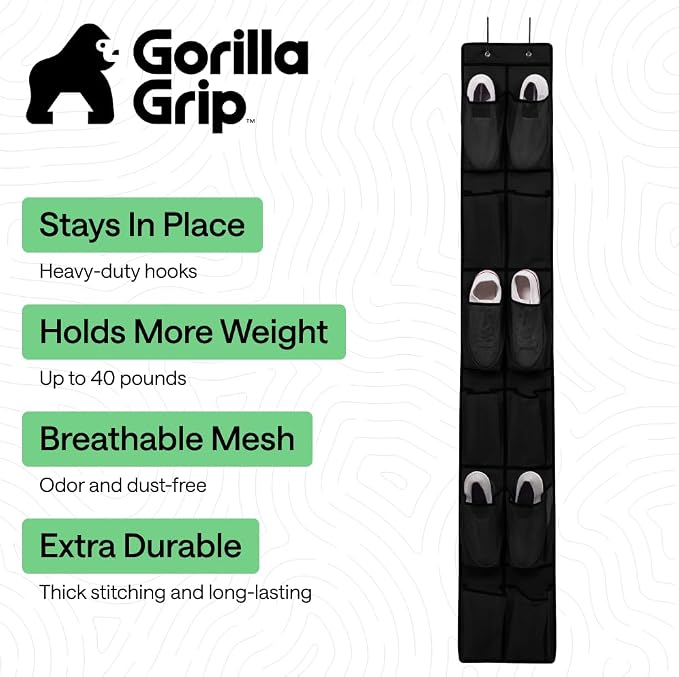 GORILLA GRIP Over the Door Shoe Organizer, 12 Large Pockets, Black - Image 2