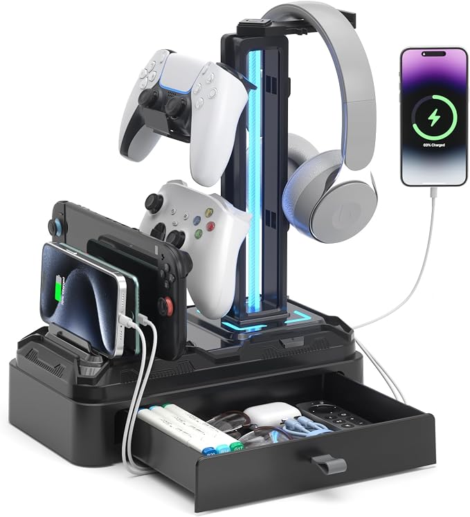 KDD Headphone Stand with USB A&C Charger Ports - RGB Controller Stand with Detachable Hooks - Rotatable Headset Hanger & Device Slot for Phones/Tablets - Drawer Storage Base for Gaming Desk Organizer by KDD