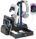 KDD Headphone Stand with USB A&C Charger Ports - RGB Controller Stand with Detachable Hooks - Rotatable Headset Hanger & Device Slot for Phones/Tablets - Drawer Storage Base for Gaming Desk Organizer by KDD