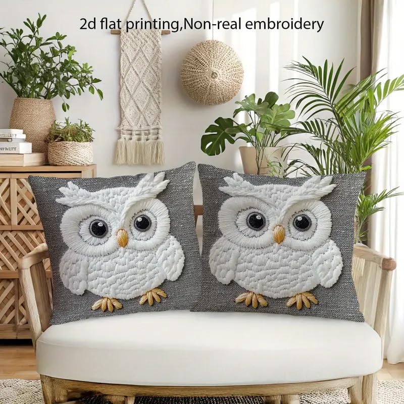 Decorative Owl Throw Pillow Cover, 2D Printed Design on Gray, White Non-Embroidered Pattern, Set of 2，18x18 Pillows Linen Pillowcase - Image 6