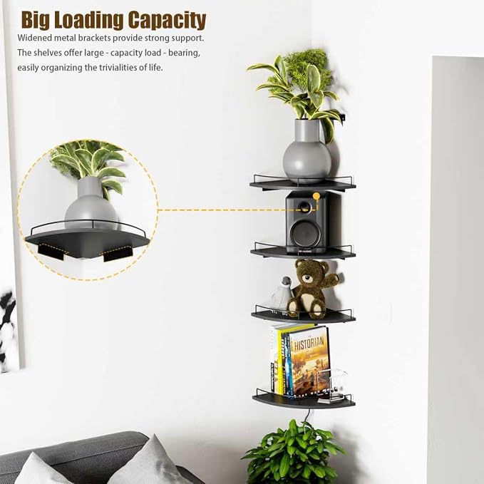 Corner Shelf Wall Mount, Floating Corner Shelves, Set of 4 Corner Wall Shelf Organizer,Rustic Wood Wall Storage Display Shelves forLiving Room Bedroom Bathroom Kitchen,Black - Image 3