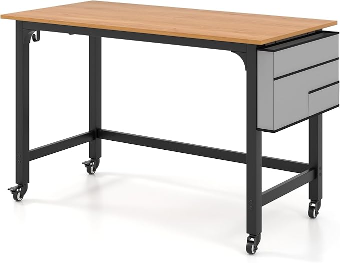 COSTWAY 48” Mobile Computer Desk, Home Office Desk on Wheels, Simple Study Writing Table with 4 Lockable Wheels, Metal Frame, Rolling Laptop PC Table for Small Space (Natural) - Image 8