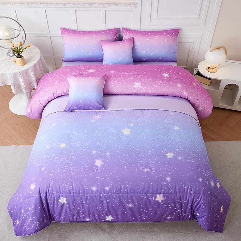 Helloosun 7PCS Pink and Purple Comforter Set Twin,Girls Galaxy Bedding Set,Purple Bedding Twin,Bed in A Bag Comforter for Children Girls Teen Kids,Bedroom Bed Decoration - Image 3