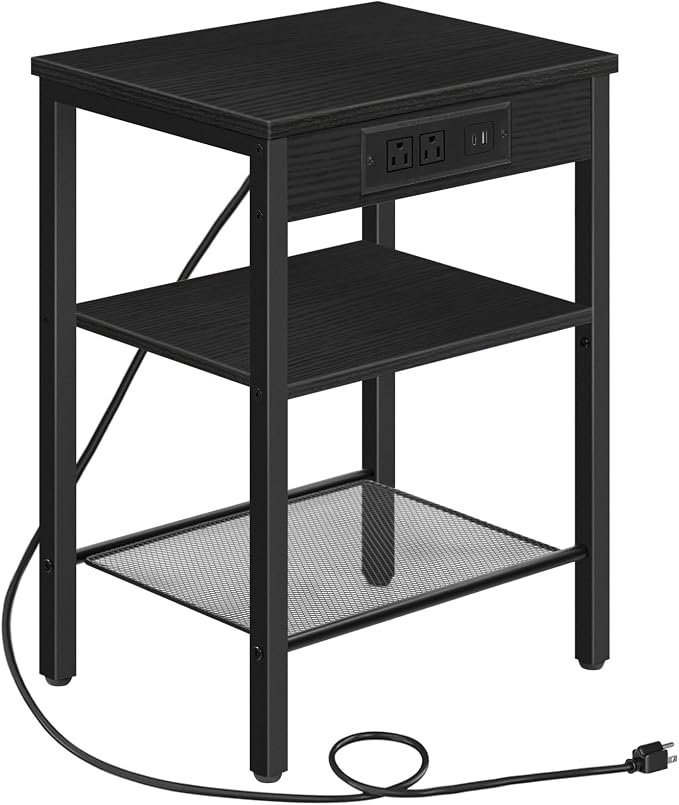 HOOBRO Side Table with Charging Station and USB Port, Small End Table for Small Space, 3-Tier Nightstand with Adjustable Shelf, for Living Room, Bedroom, Black BB112BZ01 by HOOBRO