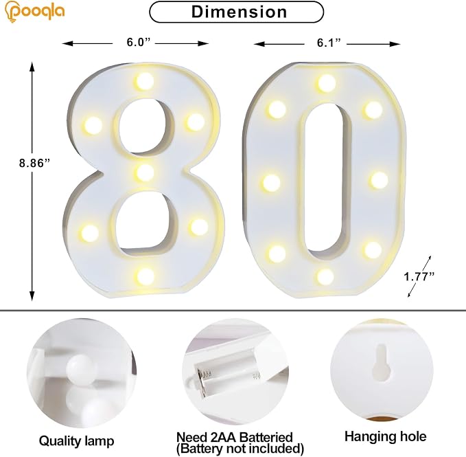 Pooqla 80th Birthday Decoration for Woman Man, Decorative LED Light Up Numbers, Marquee Numbers 80 Sign for Party Backdrop 80th Wedding Anniversary Decor, Warm White and Cool White Number 80 - Image 5