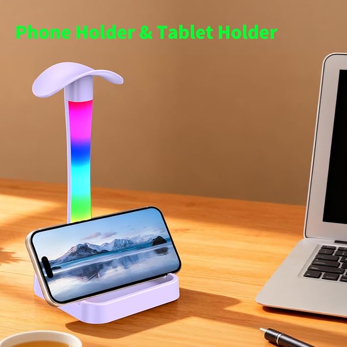 Headphone Stand with Charger,Gaming Headset stand with RGB Light Mode,For Airpod Max Stand,Desk Lamp,Phone Holder,Tablet Holder,desktop organizer,Gifts for Gamers & Music Lover (Purple) - Image 9