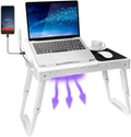 TeqHome Laptop Table for Bed, Adjustable Laptop Bed Desk with Fan, 4 USB Ports, Portable Lap Desk with Foldable Legs, Laptops Stand for Couch Sofa Bed Tray with LED Light, Storage, Mouse Pad - White by TeqHome