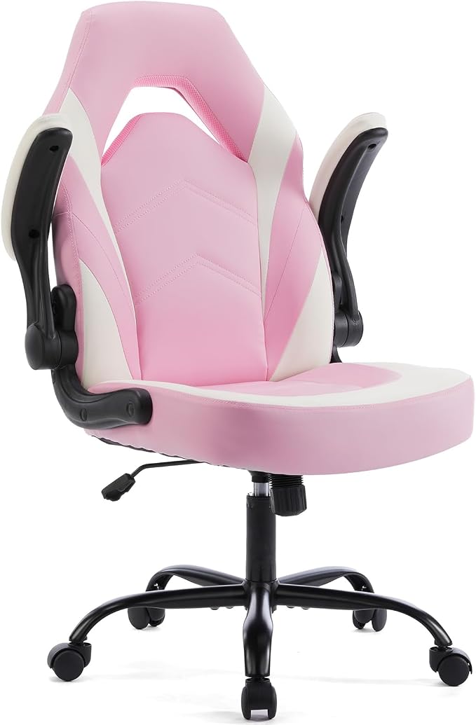 Sweetcrispy Computer Desk Chair, Lumbar Support Video Game Chair PU Leather | Ergonomic Comfy, PU Leather, Flip-up Armrest, Height Adjustable, 360 Swivel, White Pink by Sweetcrispy