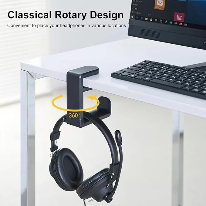 Rotating Headphone Stand, Gaming Headset Stand, Headphone Hanger Hook Under Desk with 360 Degree Swivel & Cable Clip Organizer, Adjustable Clamp-on Headset Holder Mount Hook, Space Saving, Black - Image 7
