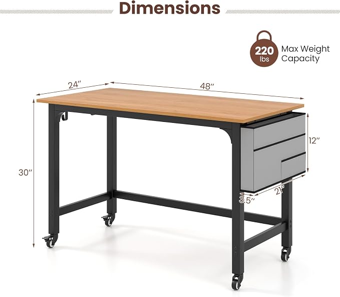 COSTWAY 48” Mobile Computer Desk, Home Office Desk on Wheels, Simple Study Writing Table with 4 Lockable Wheels, Metal Frame, Rolling Laptop PC Table for Small Space (Natural) - Image 3