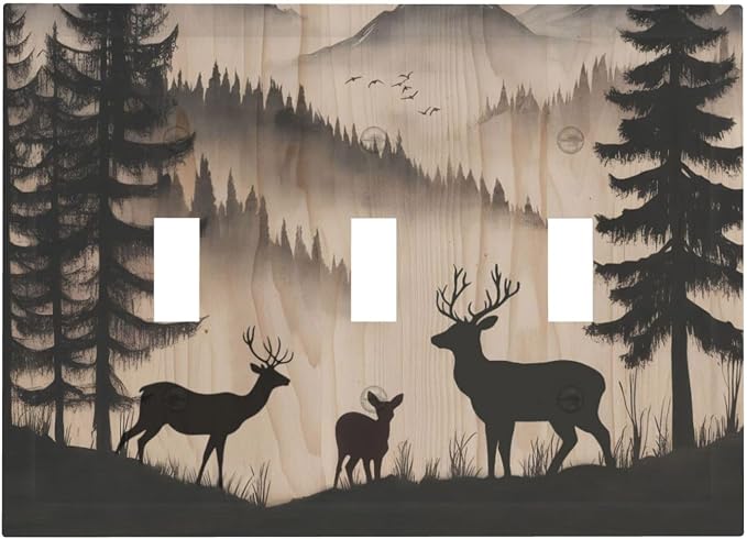 Decorative Light Switch Cover Plate Rustic Black Deer Elk Brown Wood Board Pine Tree 3 Gang Wall Plate Triple Toggle Switch Plate Covers 3 Hole Electrical Switchplate Dimmer Faceplate Decor by JOOJIAO