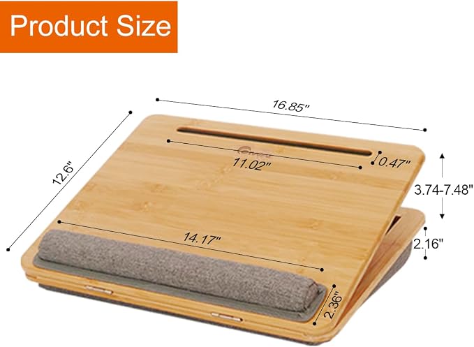 Adjustable Bamboo Lap Desk with Cushion - 5 Tilting Angles Ergonomic Laptop Bed Tray for Computers 15 inches or Less, Phone & Tablet Holder Slot, Dual Bolster for Comfort on Couch, Bed, Sofa & Car - Image 5