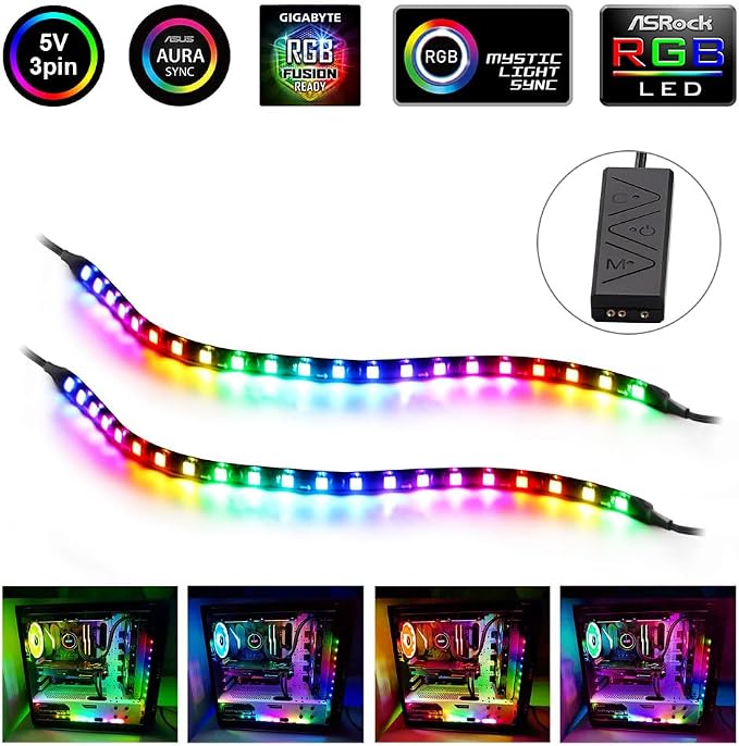 PC Addressable RGB LED Strip Lights Kit - Magnetic PC Case Lighting, 2PCS 42LEDs ARGB Strip for 5V 3pin RGB Header Motherboard Asus Aura, Asrock RGB Led, Gigabyte RGB Fusion, Mystic Light - Image 2