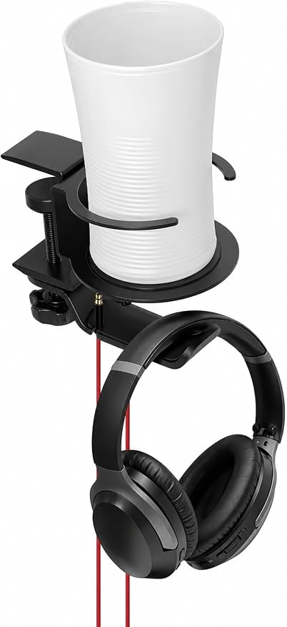 Foldable Aluminum Under Desk Headphone Hanger with Cup Holder, 2-in-1 Clamp-on Headset Stand & Drink Holder, Heavy Duty Gaming Headphone Hook for Office, Home, Gaming Desk - Black - Image 8