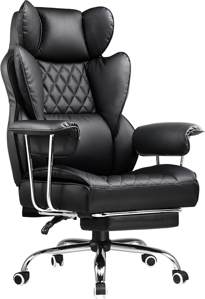 COMHOMA Big and Tall Office Chair, High Back Leather Gaming Chair with Footrest, Executive Ergonomic Office Chair with Pocket Spring Lumbar Support and with Outward Fixed Soft Armrests by ComHoma