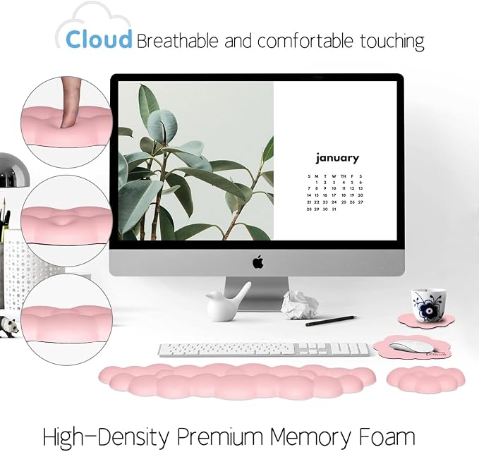 4 in 1 Ergonomic Leather Cloud Wrist Rest Keyboard and Mouse Pad & Coaster | Full 4-Piece Set, Non-Slip PU Base, Soft Memory Foam Comfort For Long Work/Gaming Hours, Cute Desk Decor, Easy To Clean - Image 6
