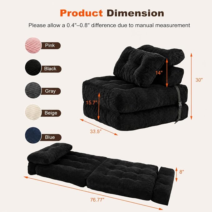 King Oasis Folding Sofa Bed, Corduroy Chair Bed with Pillows | 3-in-1 Fold Out Floor Sofa Couch with Headrest and Lumbar Pillows，for Living Room, Bedroom, Apartment, Dorm, Black - Image 2