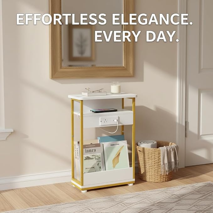 YEAKOO Narrow Side Table with Charging Station, 3-Tier End Table with 2 USB Ports & Power Outlets, Thin Sofa Side Table for Small Spaces, Bedside Table Nightstand for Living Room, White+Gold - Image 9