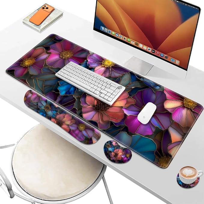 Desk Pad and Keyboard Wrist Rest, Large Mouse Pad + Keyboard Pad+Mouse Wrist Support, Non-Slip Desk Mat Protector for Office, Home 31.5×11.8 Inches Glass Flower - Image 6