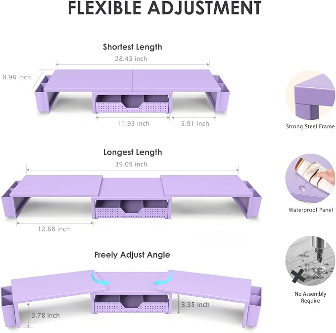 OPNICE Desk Organizers and Accessories, Dual Monitor Stand Riser with Drawer and 2 Pen Holders, Desk Shelf Computer Racks for Office Workspace Organizers, Desktop Organization (Purple) - Image 3
