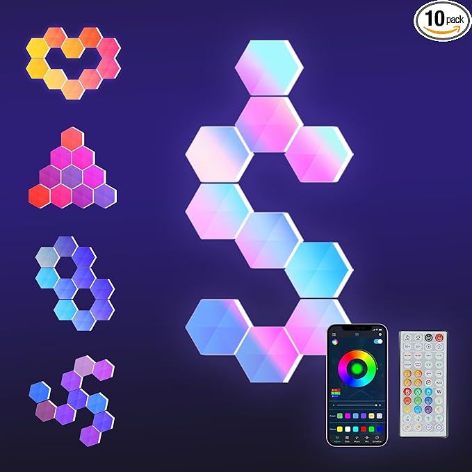 Hexagon LED Lights, 10 Pack with App and Remote Control by HOMEDECORLIGHTING