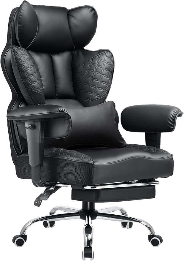 COMHOMA Big and Tall Office Chair Heavy Duty Wide Ergonomic Gaming Chair with Deluxe Embossing Designed Leather with Foot Rest,150°Reclining Adjustable Armrests Pocket Spring Back Support and Pillow by ComHoma