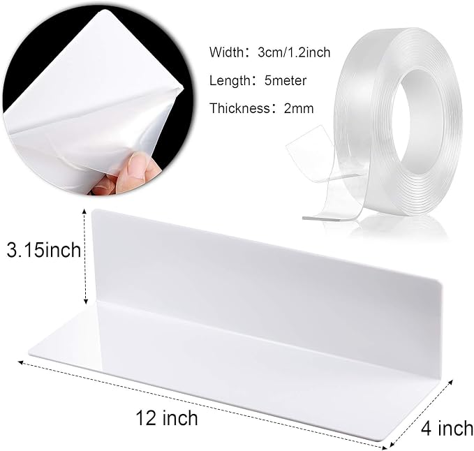 Jetec 8 Pieces Acrylic Floating Shelves, 12 Inch Acrylic Wall Mounted Hanging Shelf Bookshelf with 5 Meters Nano Double Sided Tape for Bedroom, Gaming Room, Living Room, Bathroom, Office(White) - Image 3