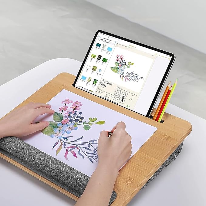 Adjustable Bamboo Lap Desk with Cushion - 5 Tilting Angles Ergonomic Laptop Bed Tray for Computers 15 inches or Less, Phone & Tablet Holder Slot, Dual Bolster for Comfort on Couch, Bed, Sofa & Car - Image 3