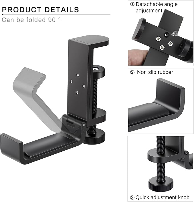 All Aluminum Foldable Headphone Holder for Desk, Headset Stand for Desk,Backpack Holder Hook for Desk,Table Bag Hook,Under Desk Clamp Hook for Gaming PC Accessories,Black - Image 5