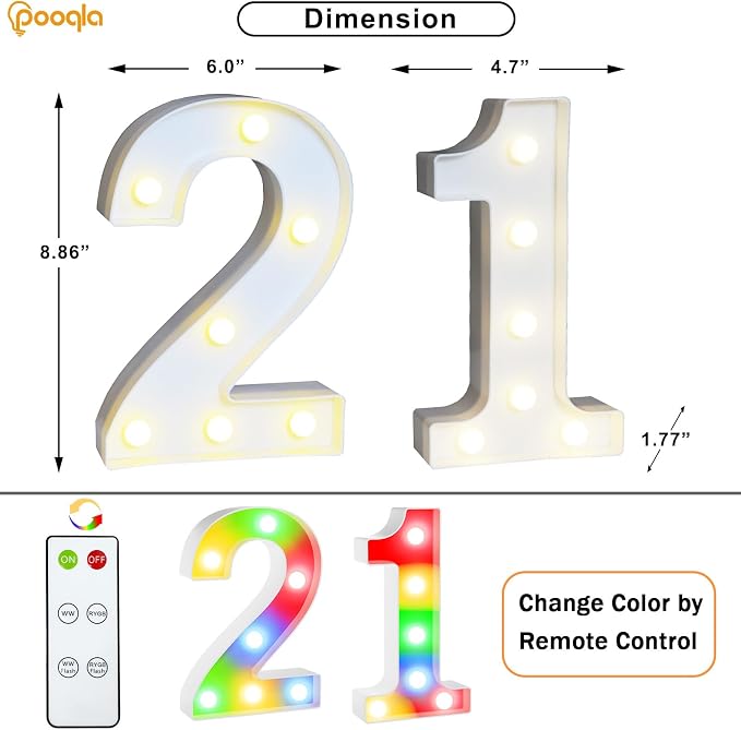 Pooqla 21st Birthday Decoration for Her Him, Decorative LED Light Up Numbers, Marquee Numbers 21 Sign for Party Backdrop 21st Wedding Anniversary Decor Gift, Warm White and Colorful Number 21 - Image 3