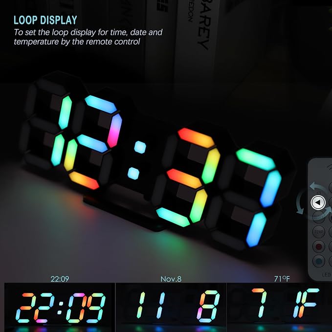 KOSUMOSU LED Digital Clock Neon Clock 9.7" Black Gaming Clock RGB LED Wall Clock for Living Room Desk Clock Large Display Clock for Bedroom, Black Clock with Dimming - Image 5
