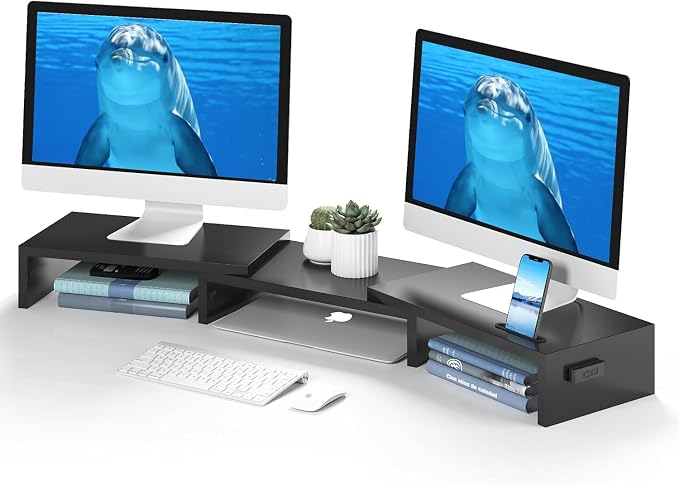 BONTEC Dual Monitor Stand Riser, Adjustable Length & Swivel Angle, Black | Ergonomic Wooden Desktop Organizer with Smartphone Holder, Computer Monitor Stand for PC, Laptop,Printer and Large Storage - Image 8