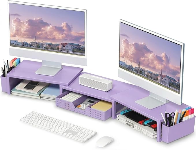 OPNICE Desk Organizers and Accessories, Dual Monitor Stand Riser with Drawer and 2 Pen Holders, Desk Shelf Computer Racks for Office Workspace Organizers, Desktop Organization (Purple) by OPNICE