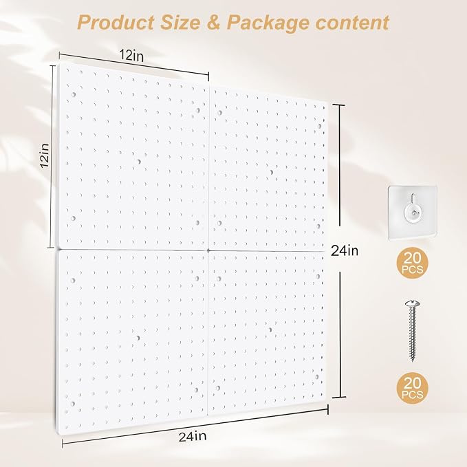 FZK Plastic Pegboard Wall Organizer Kit, 12x12, 4 Pack, White | Durable ABS material, compatible with 1/4"and 1/8" pegboad accessories, includes adhesive or drill installation accessories - Image 2