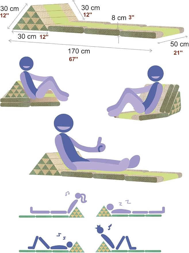 Leewadee - Comfortable Japanese Floor Mattress Used As Thai Floor Bed with Triangle Cushion, Futon Mattress Or Thai Massage Mat, 67 x 21 inches, Brown Red | Floor & lounge cushion for relaxing, reading & TV - for meditation & yoga, firm & stable - Image 2