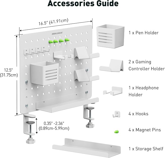 Clamp-on Desk Pegboard – Steel No Drill Desktop Organizer Panel with Gaming Controller Holder, Headphone Hook, and Storage Shelf – Vertical Mount for Office and Home Setup(White - Image 7