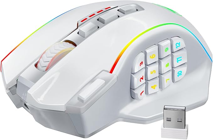 Redragon Wireless Gaming Mouse, MMO Gaming Mouse UP 16,000 DPI, 16 Macro Programmable Buttons, RGB Rechargeable Mouse with 12 Side Buttons, 70Hrs for PC Laptop MOBA FPS, White,M901P-WS by REDRAGON