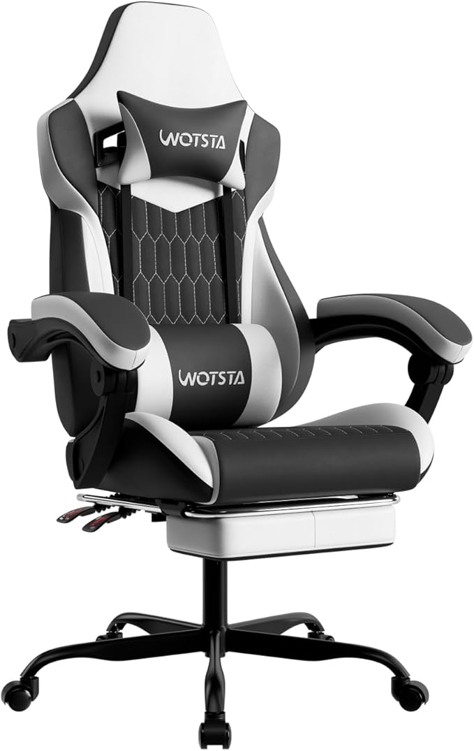 Gaming Chair with Footrest, High Back Gaming Chairs PVC Leather Ergonomic Gamer Chair with Adjustable Headrest Lumbar Support Racing Style Video Gaming Chair for Office/Home (Black White) by WOTSTA
