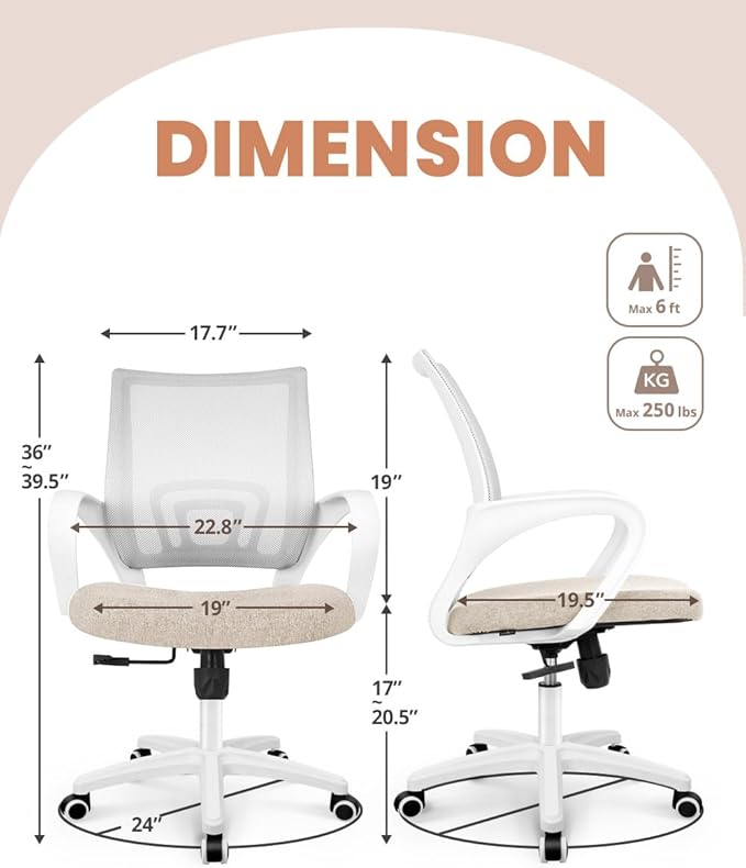 NEO CHAIR Office Computer Chair Ergonomic Mid-Back Mesh Desk Chair, Beige | Breathable Mesh Back with Lumbar Support, Height Adjustment, Smooth Rolling Casters for Home Office, Study or Gaming Setup - Image 3