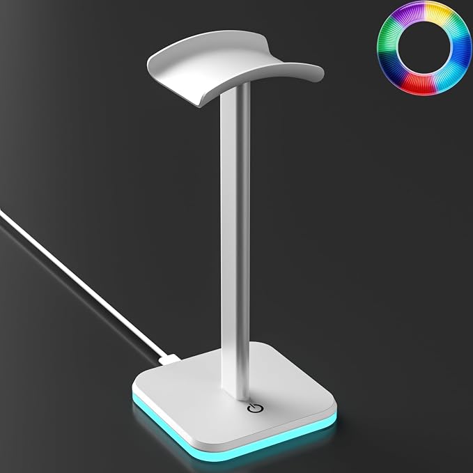 Headphone Stand for Desk - Headset Stand Headphone Holder (RGB-White) | with Aluminum Hanger and Plastic Headrest, headphone holder for AirPods Max, Sony, Bose, Beats and More by Unknown