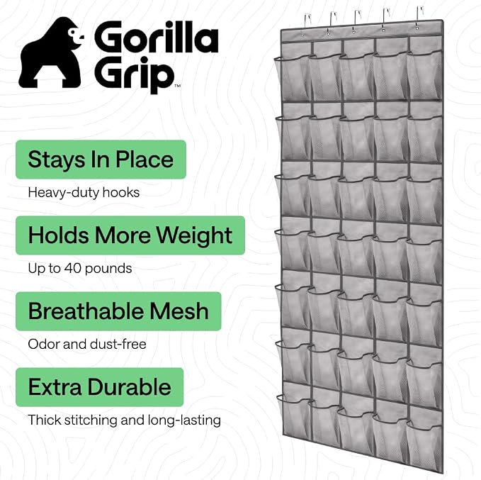 GORILLA GRIP Over the Door Shoe Organizer, 35 Large Pockets, Gray - Image 2