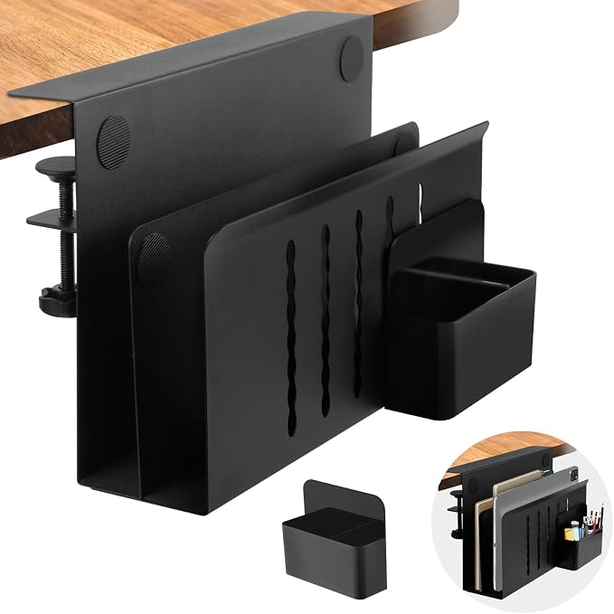 Desk Side Storage, 2 Tier Steel Hanging Organizer, No Drill Side Desk Organizer, Laptop Holder, with Pen Holder, For Office Supplies & Studio Essentials Black by CIBOTIES