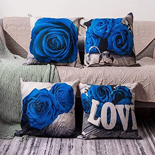Royal Blue Throw Pillow Cover 18x18 Set of 4 Blue Rose Flower Couch Pillow Cover Rustic Accent Floral Decorative Square Cotton Linen Cushion Cover Home Living Room Outdoor Patio Furniture Decorations by YOOOAHU
