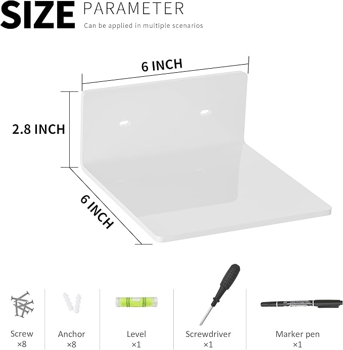 6 Inches White Acrylic Wall Shelves Set of 4, Moisture-Proof, Wall Mounted Storage Display Shelves for Gaming Room, Living Room, Bathroom, Office, Store, Heavy Duty, 4 Pack - Image 3