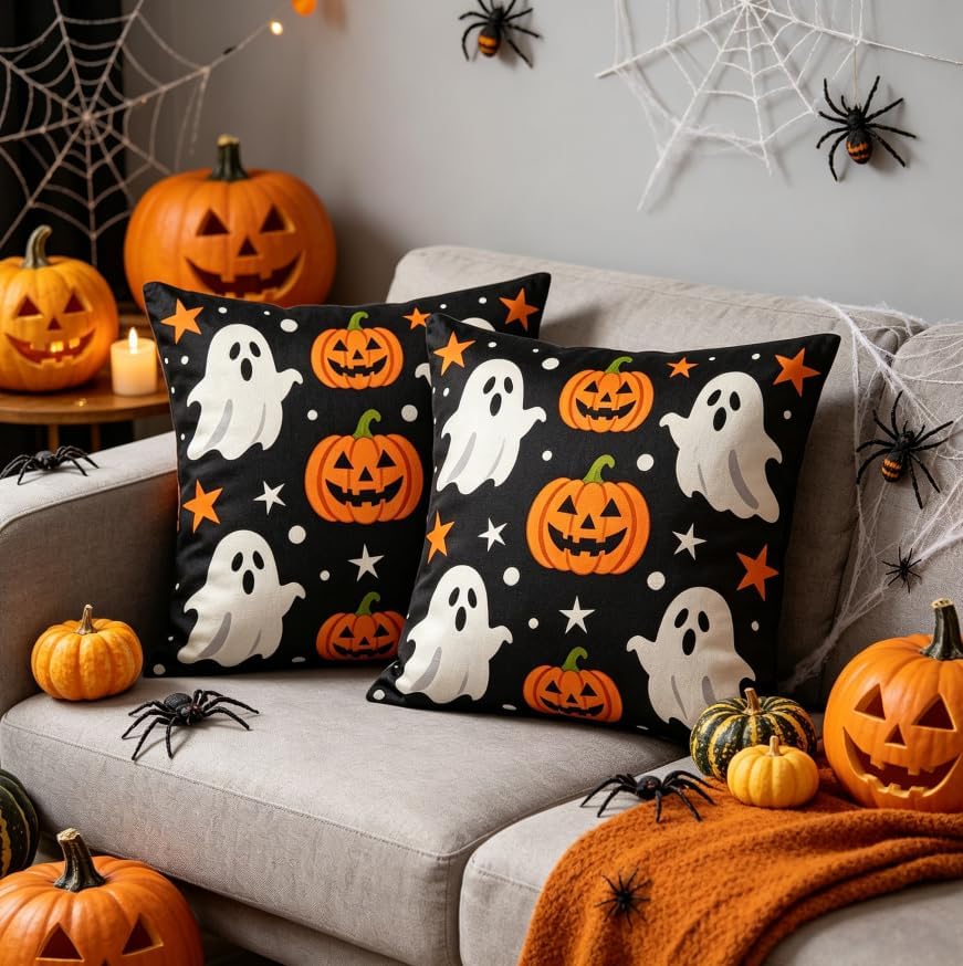 Halloween Ghost Throw Pillow Covers, Black, Linen, 18x18 Inch, Set of 2, Machine Washable, Square, Living Room - Image 7