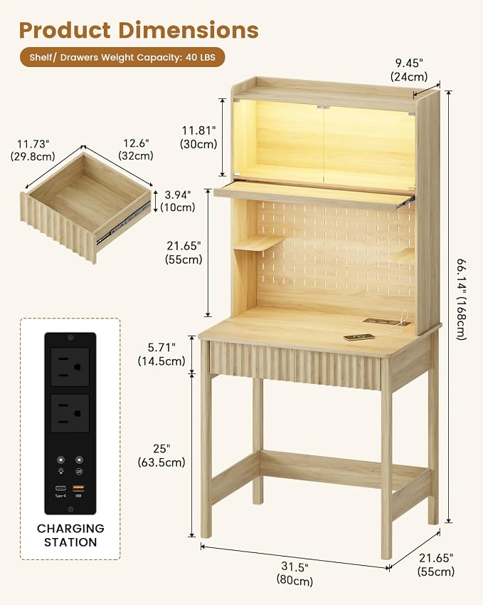 HNEBC Natural Computer Desk - with Power Outlets & Chariging Station,Small Writing Desk with Hutch and Drawers,66.3''H Office Desk with Pull-Out LED Lights,Pop-up Glass Door,Pegboards,Bedroom - Image 2