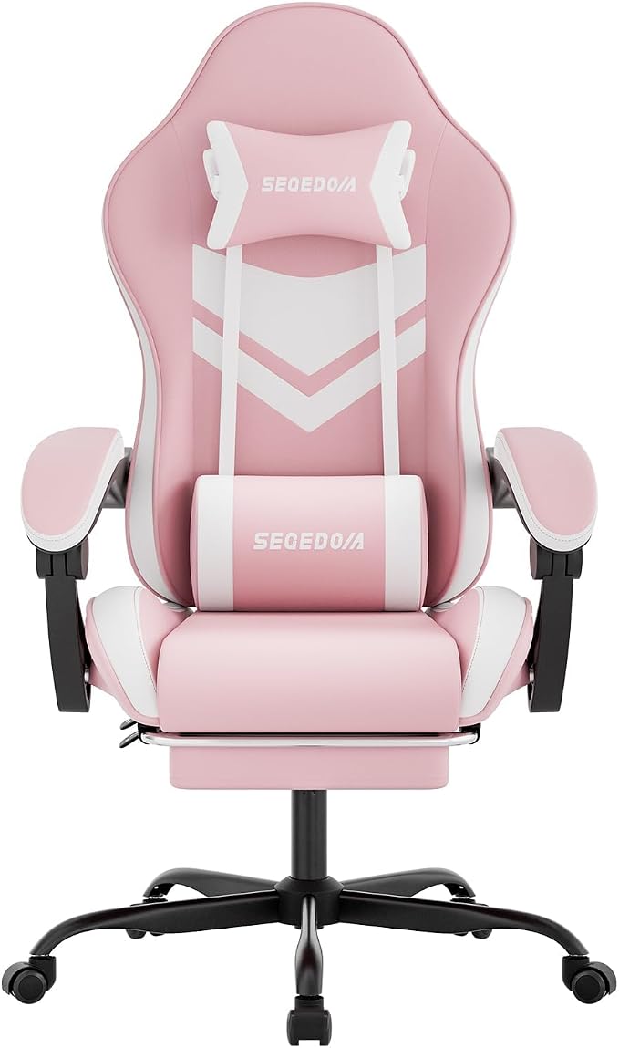 Gaming Chair with Footrest & Massage Lumbar Support, PU Leather Ergonomic High Back Swivel Height Adjustable Chair for Adults, Office Gaming, 300 lbs (Pink White) by SEGEDOM