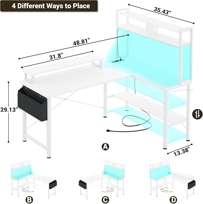 Aheaplus L Shaped Gaming Desk with Power Outlets & LED Lights, White - Image 2